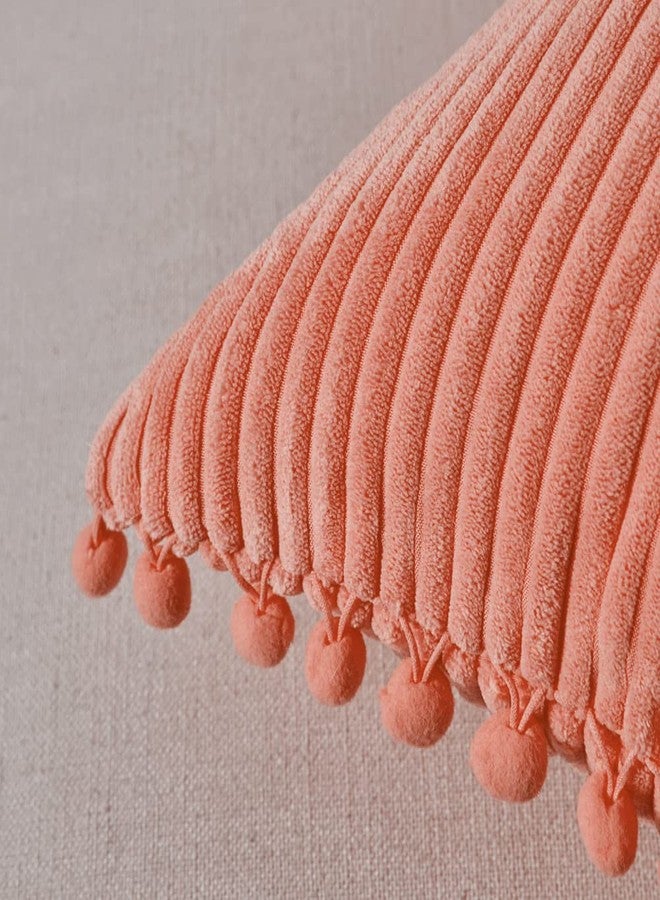 Fancy Homi Pack of 2 Coral Decorative Throw Pillow Covers 18x18 Inch with Pom-poms for Living Room Couch Bedroom, Soft Corduroy Peach Solid Square Cushion Case 45x45 cm, Rustic Farmhouse Home Decor - Image 4